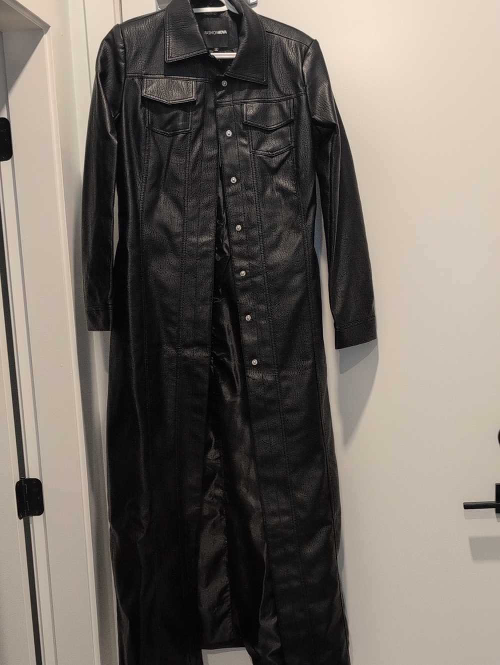 Fashion Nova Long Black Faux Leather Trench Coat